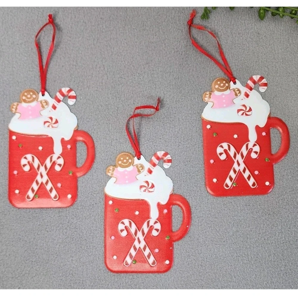 Christmas Cocoa Gingerbread Cookie Mug Ornaments Candy Canes Metal Red 3 Pc 5